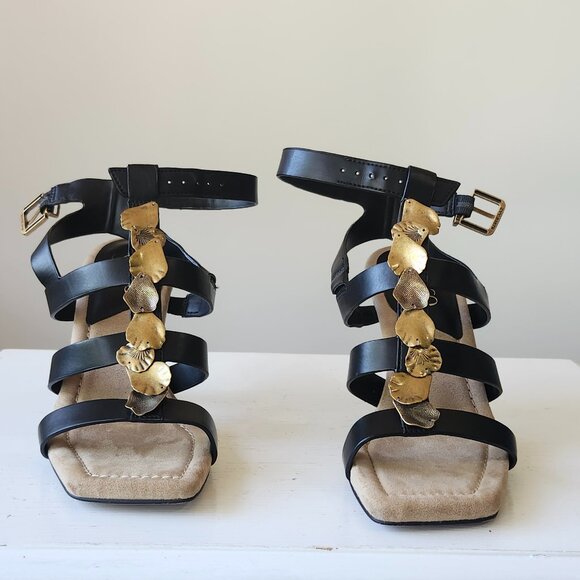Franco Sarto Black Strappy Dress Heels Gold Leaf Detail Women’s Size 5.5 - Picture 2 of 8